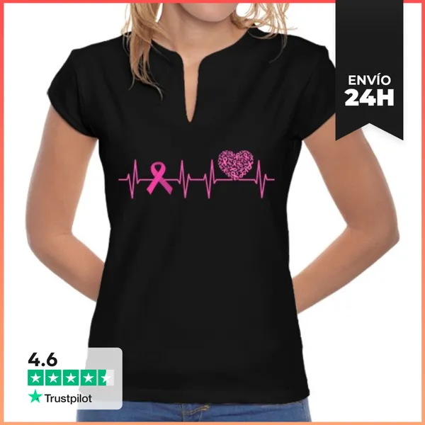 Camiseta Mujer Cuello Mao Latido Del Corazón Del Cáncer De Mama D