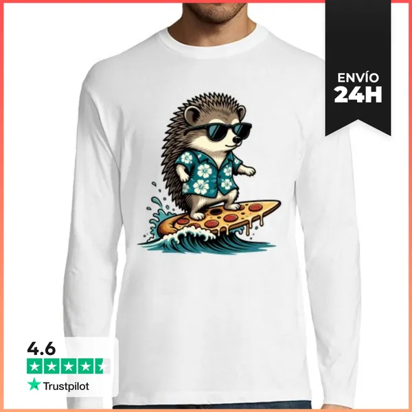 Camiseta Hombre Manga Larga Erizo Surfista Divertido En Pizza