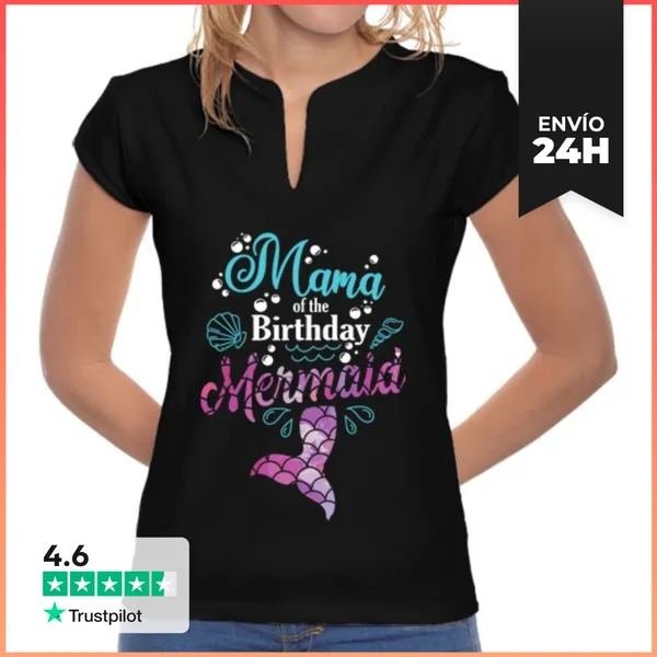 Camiseta Mujer Cuello Mao Mamá De La Sirena De Cumpleaños