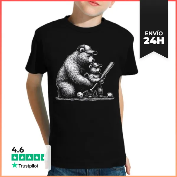 Camiseta Clásica Para Niños PAPÁ OSO JUGANDO AL BASEBALL CON HIJO