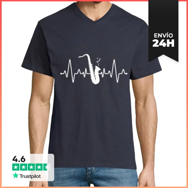 Camiseta Hombre, Cuello Pico Saxofón Del Latido Del Corazón