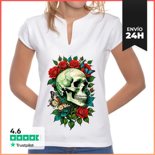 Camiseta Mujer Cuello Mao Calavera Y Rosa LaTostadora