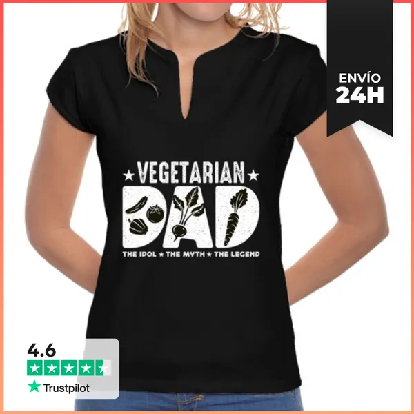 Camiseta Mujer Cuello Mao Papá Vegetariano El Ídolo El Mito El