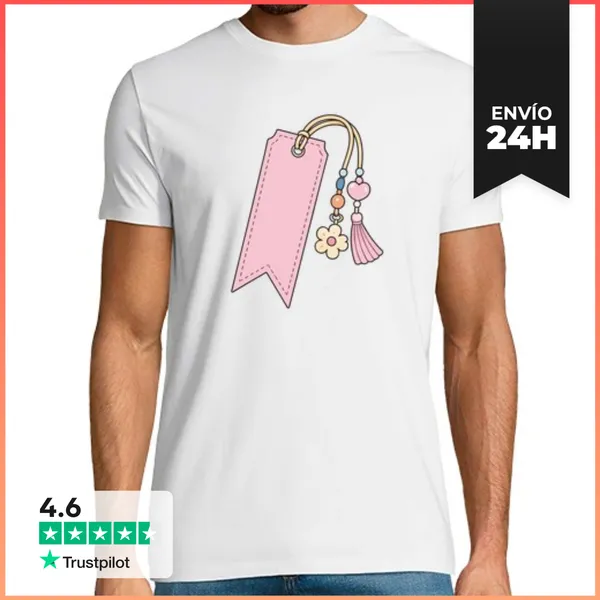 Camiseta Hombre Clásica Marcapáginas Rosa Con Pompones Y Flor