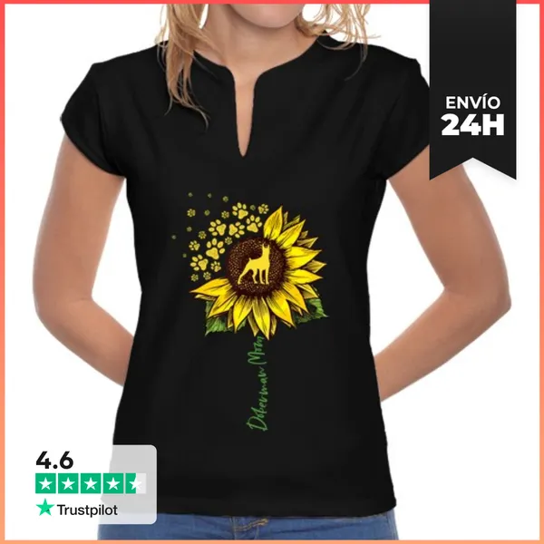 Camiseta Mujer Cuello Mao Mamá Doberman Girasol Doberman