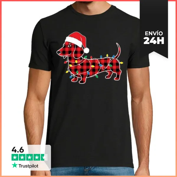 Camiseta Hombre Clásica Perro Teckel Navideno Cuadros Rojos