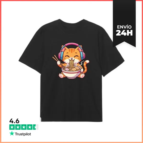 Camiseta Oversize Gato Kawaii Ramen Música LaTostadora