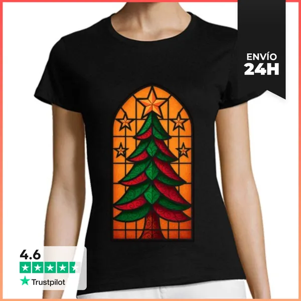 Camiseta Mujer Clásica Arbol De Navidad Vidriera Dorada