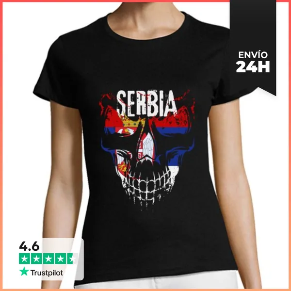 Camiseta Mujer Clásica Calavera Serbia, Bandera Serbia Grunge