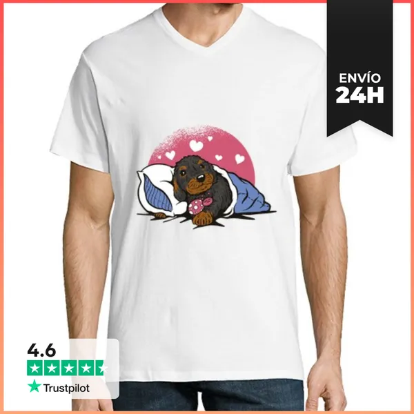 Camiseta Hombre, Cuello Pico Lindo Perro Salchicha LaTostadora
