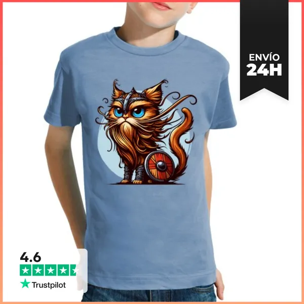Camiseta Clásica Para Niños Divertido Gato Vikingo Mitología