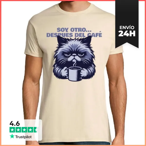 Camiseta Hombre Clásica Gato Gruñón Con Café Diseño Divertido Y