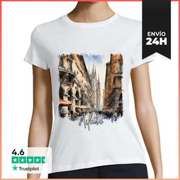 Camiseta Mujer Clásica Acuarela De De Milán, Milán Italia