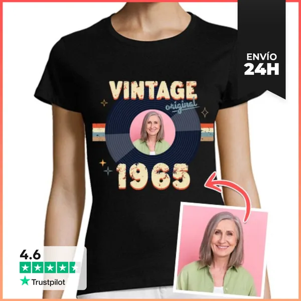 Camiseta Mujer Clásica Camiseta Vintage 1965 Foto Personalizable