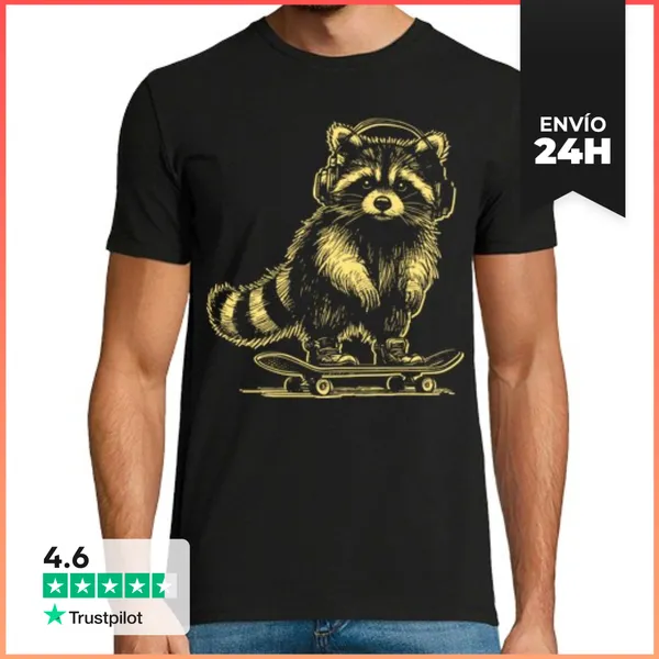 Camiseta Hombre Clásica MAPACHE SKATER ESCUCHANDO MÚSICA