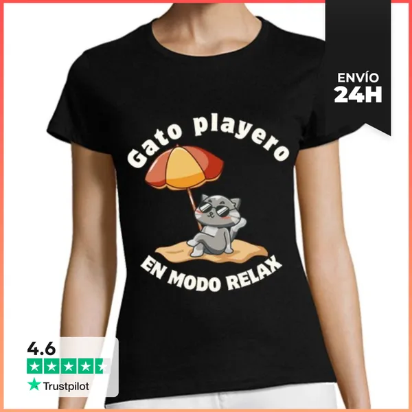 Camiseta Mujer Clásica Gato Playero En Modo Relax LaTostadora