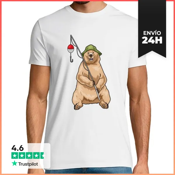 Camiseta Hombre Clásica Pesca Con Caña De Pescar Bear Fisher