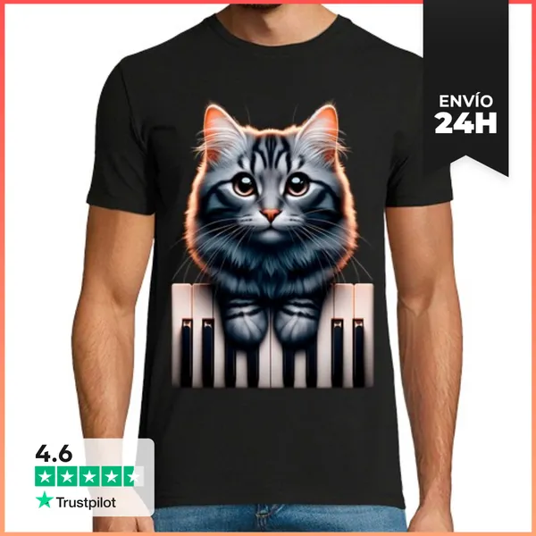 Camiseta Hombre Clásica Gato Toca El Piano Gatito Música Pianista