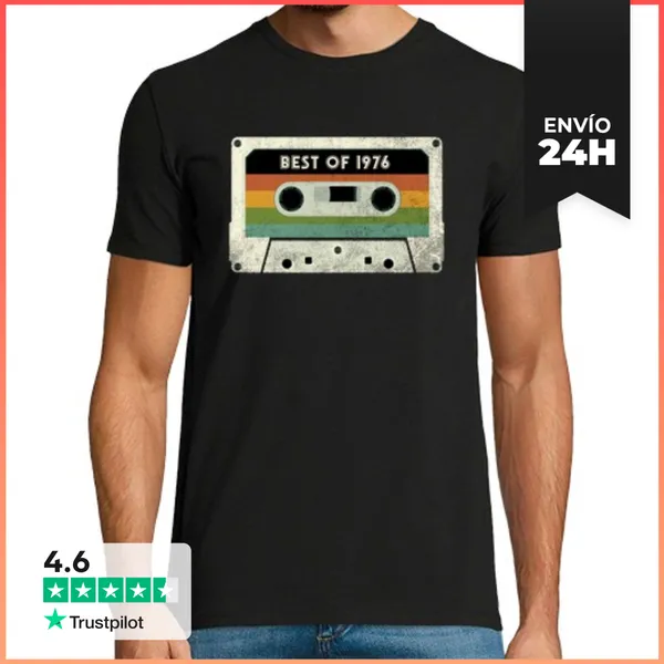 Camiseta Hombre Clásica Cumpleaños 48 Años Casete Vintage 1976