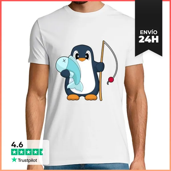 Camiseta Hombre Clásica Pescador De Pingüinos Pescando Peces
