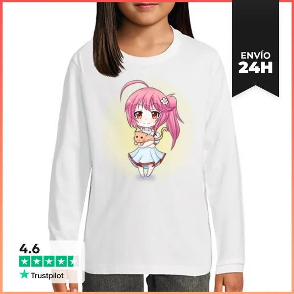 Camiseta Manga Larga Para Niños Cute Girl With Cat LaTostadora