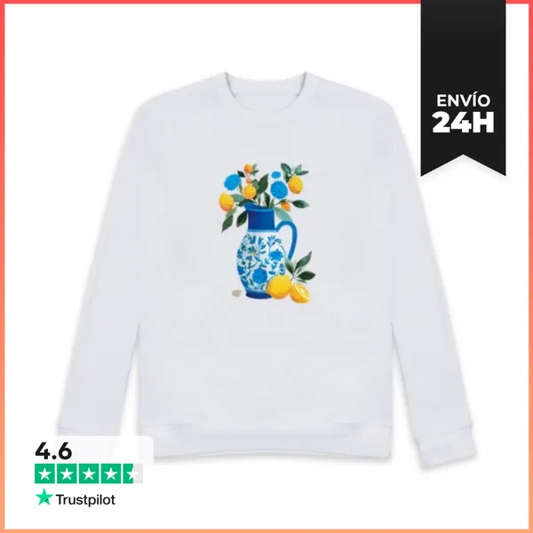 Sudadera Unisex Jarrón Azul Floreado Con Limones LaTostadora