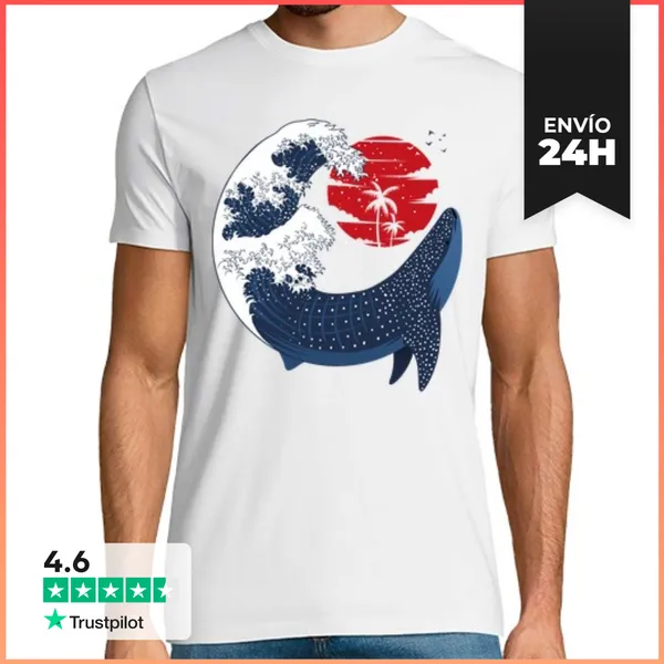 Camiseta Hombre Clásica Gran Tiburón Ballena Ola Japonesa