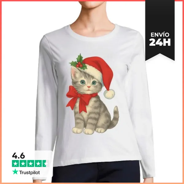 Camiseta Mujer Manga Larga GATITO NAVIDEÑO SANTA CLAUS XMAS CAT