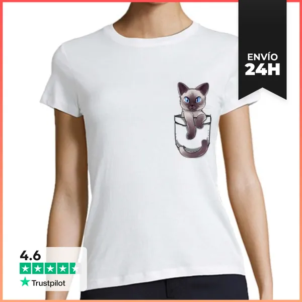 Camiseta Mujer Clásica Bolsillo Lindo Gato Siamés - Mujer De
