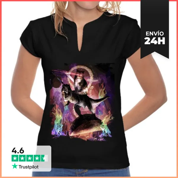 Camiseta Mujer Cuello Mao Gato Láser Espacial Malvado Sobre
