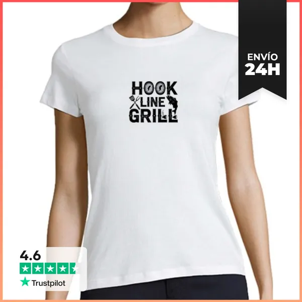 Camiseta Mujer Clásica Gancho Línea Parrilla Pescado Y Espátula