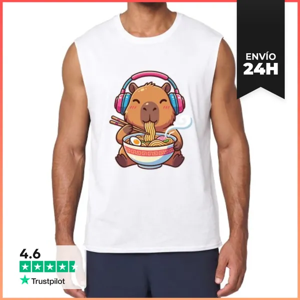 Camiseta Sin Mangas Kawaii Capibara Ramen Música LaTostadora
