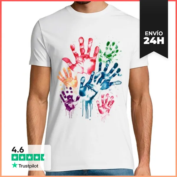 Camiseta Hombre Clásica Manos Coloridas Impresiones Pared