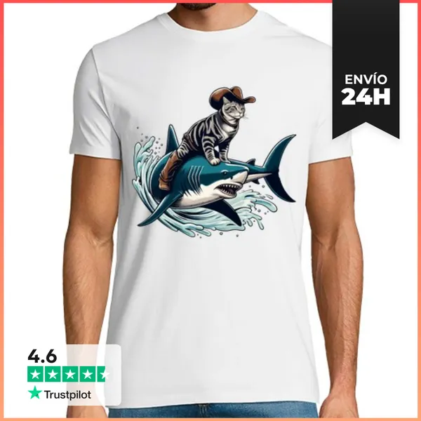 Camiseta Hombre Clásica Vaquero Rodeo Gato Paseo En Tiburón