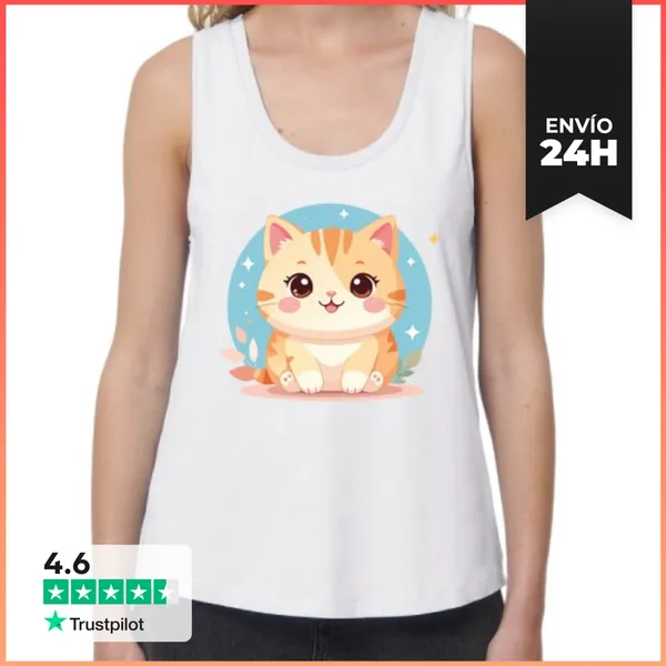 Camiseta Mujer Sin Mangas, Loose Fit Gato Kawaii Adorable Y Cute