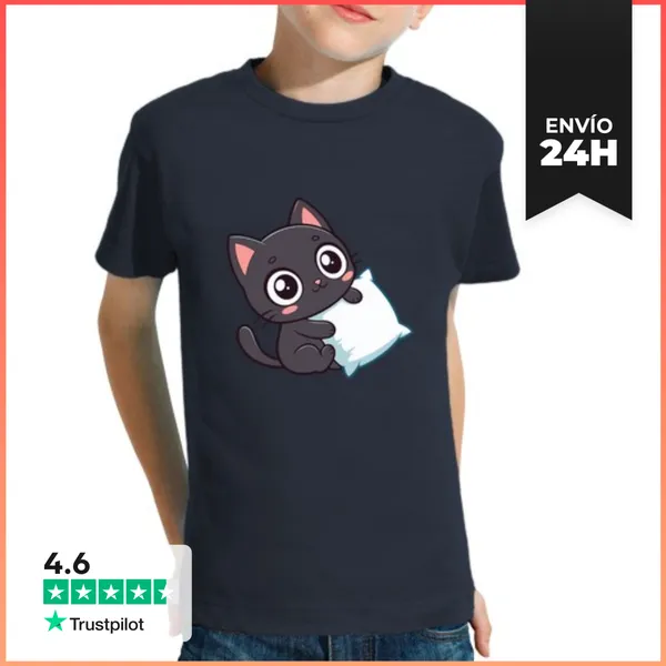 Camiseta Clásica Para Niños Gatito Negro Cariñoso Y Almohada