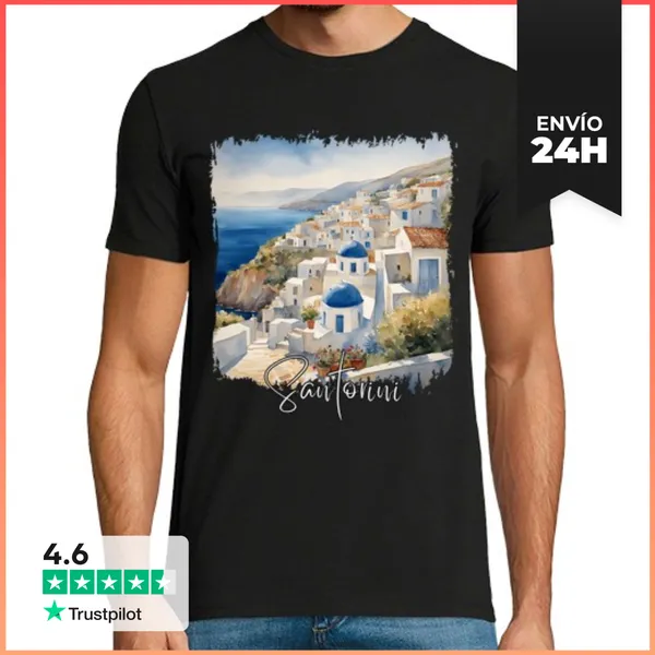 Camiseta Hombre Clásica Santorini Grecia, Acuarela De Santorini