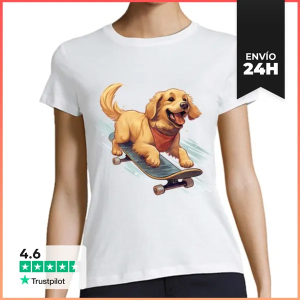 Camiseta Mujer Clásica Patineta Cachorro Golden Retriever Pati
