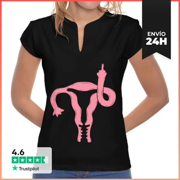 Camiseta Mujer Cuello Mao Útero Muestra El Dedo Medio Feminista