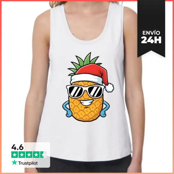 Camiseta Mujer Sin Mangas, Loose Fit Arte De Piña Navideña