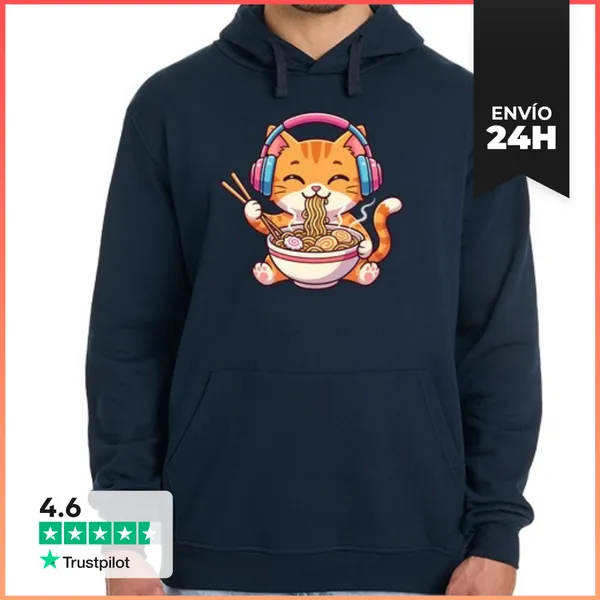 Sudadera Unisex Con Capucha Gato Kawaii Ramen Música LaTostadora