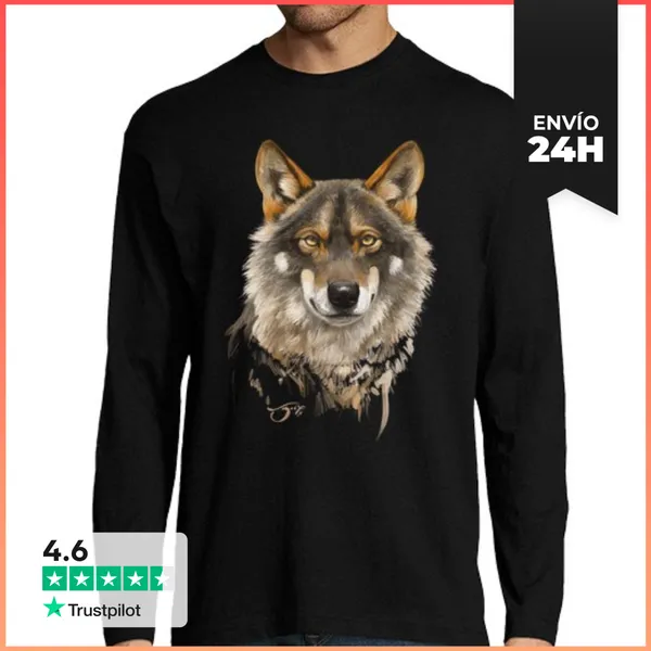 Camiseta Hombre Manga Larga Retrato De Lobo Ibérico 1 LaTostadora