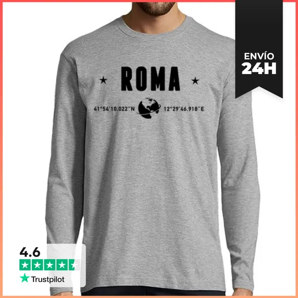 Camiseta Hombre Manga Larga Ciudad Roma Coordenadas Geográficas