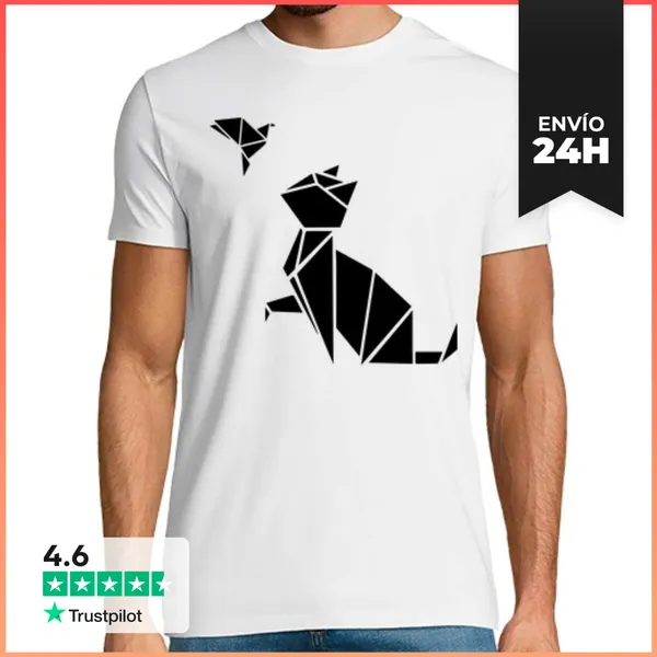 Camiseta Hombre Clásica Origami: El Gato Y El Pájaro LaTostadora