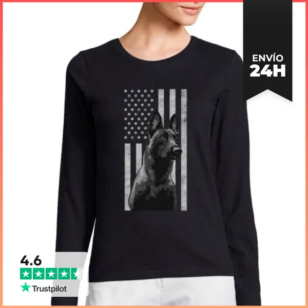 Camiseta Mujer Manga Larga Perro Policía Malinois Orgulloso Dueño