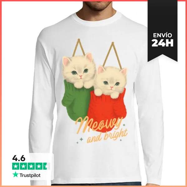 Camiseta Hombre Manga Larga MEOWY AND BRIGHT XMAS CATS