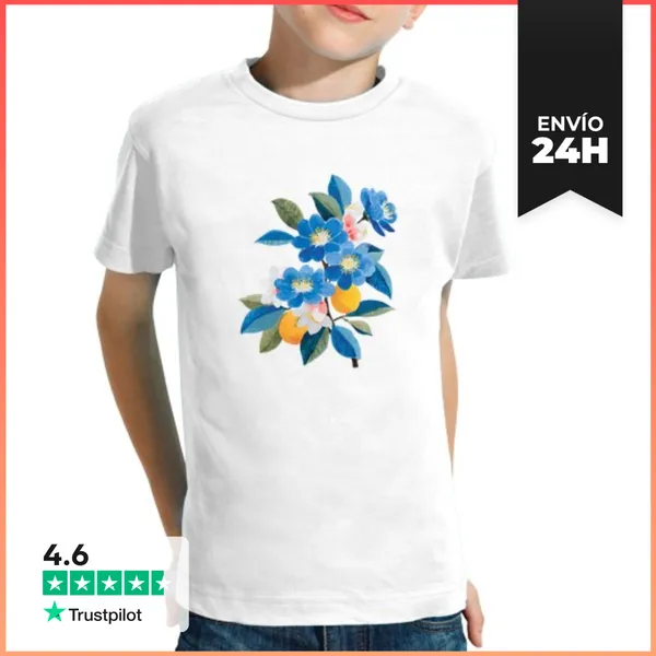 Camiseta Clásica Para Niños Rama Florecida Azul Con Naranjas