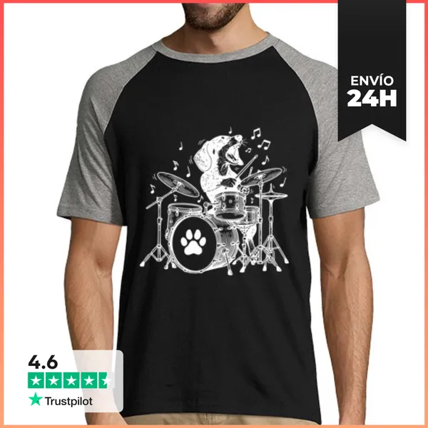 Camiseta Hombre, Estilo Béisbol Perro Salchicha Músico Baterista