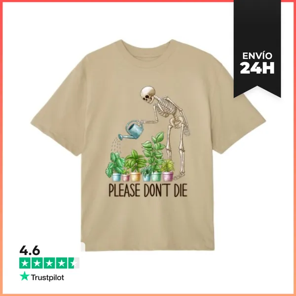 Camiseta Oversize Esqueleto Regando Sus Grandes Plantas Verdes