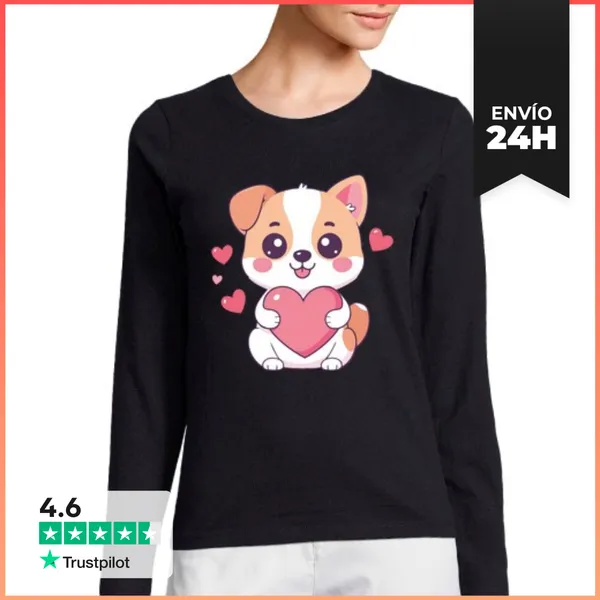 Camiseta Mujer Manga Larga Perro Kawaii Con Corazón LaTostadora
